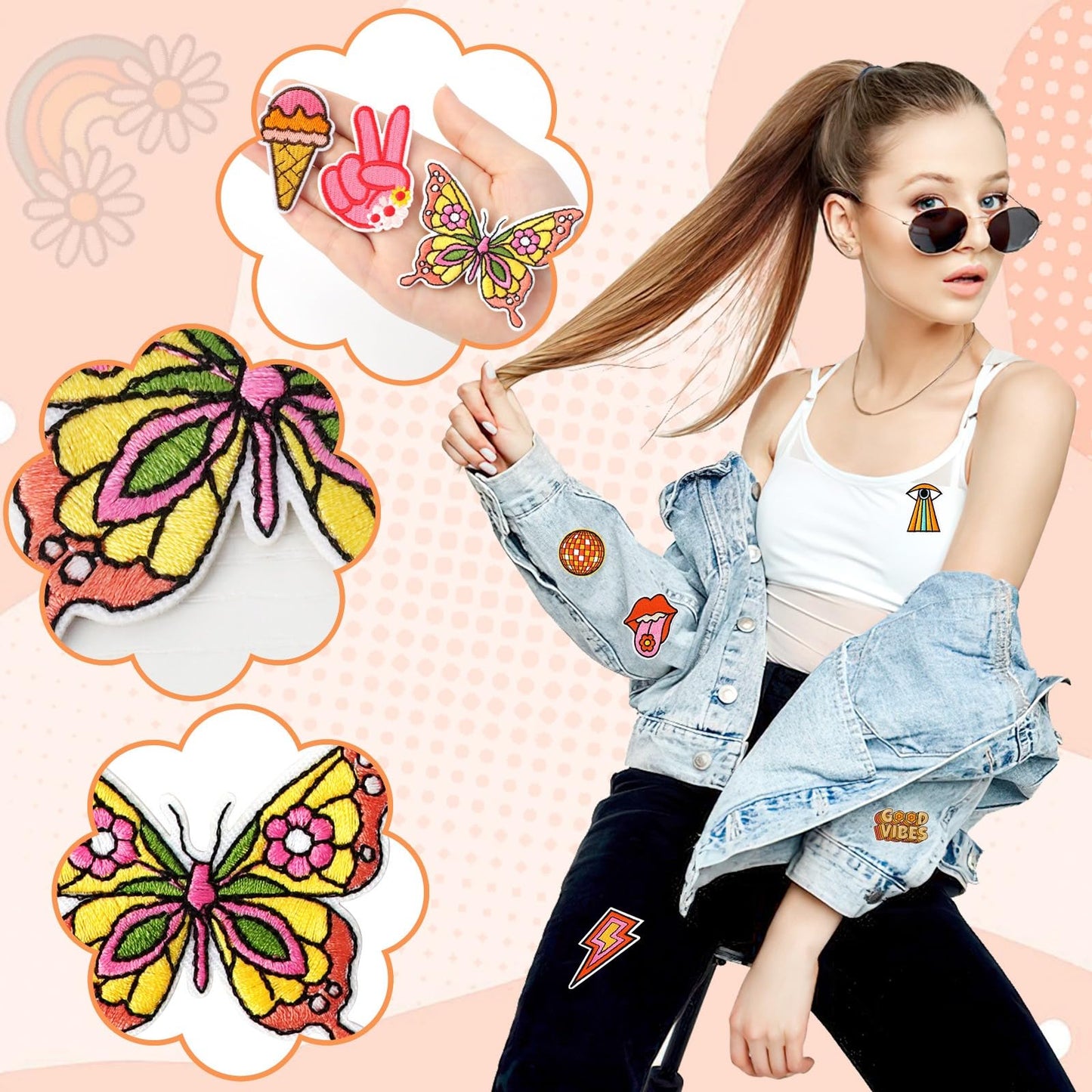 AUGSUN 60pcs Hippie Embroidered Patches Random Assorted Styles Hippie Theme Iron on Patches for Girls, Wonmen DIY Sew Applique Repair Patch Cute Sew on Patches for Backpacks Pants Clothes Jeans