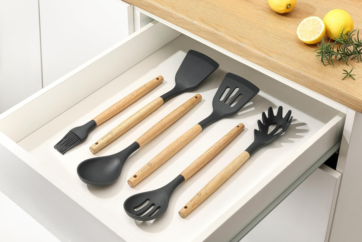 Kitchen Utensils Set 6 PCS, Non-Toxic Cooking Utensils with Heat-Resistant Silicone Spatula, Large Serving & Slotted Spoon, Flexible Spatulas, Brush and Spaghetti Rake - Ideal Starter Set