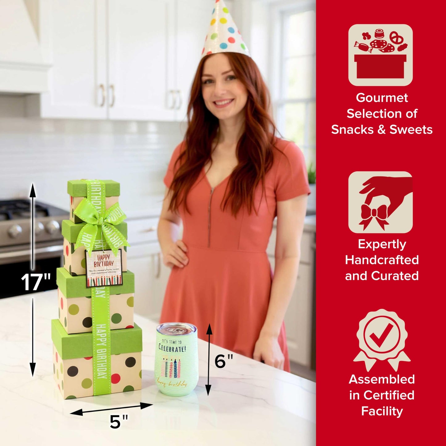 Broadway Basketeers Birthday Gift Tower Box for Men with 16oz Insulated Mug – Snack Tower Box with Savory Gourmet Snacks, Cookies, Nuts, Chocolate & Popcorn – Thoughtful Birthday Gift for Him or Dad