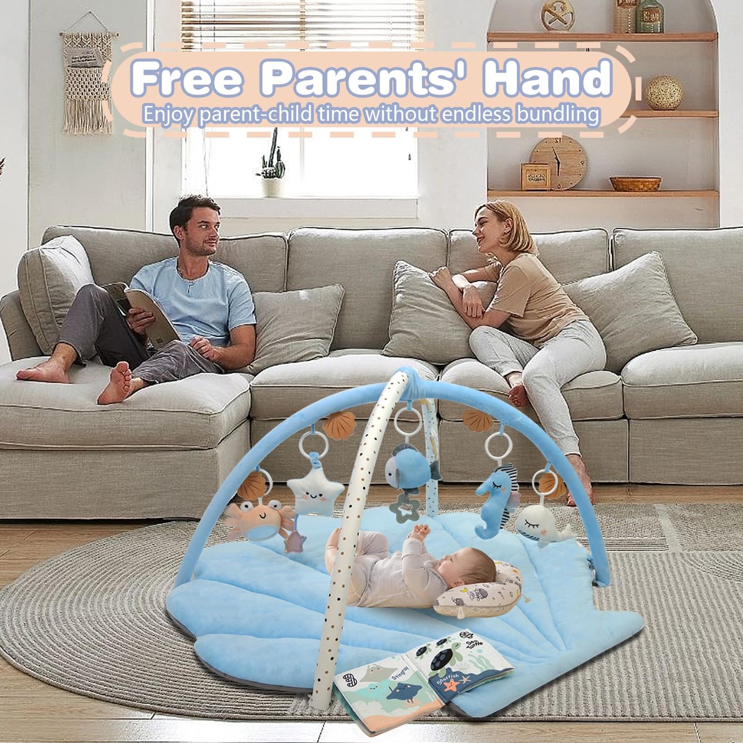 Baby Play Gym Mat, Oversize Tummy Time Activity Mat for Babies 0-6 Months, Shells Baby Play Mat with 6 Detachable Toys, Baby Essentials Mat for Floor Sensory Exploration Motor Skill Development (Blue)