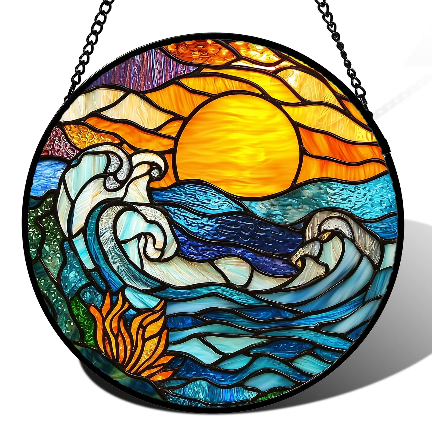 JOSUMALY Stained Glass Window Hanging, Orange Sun Blue Sea Waves Landscape Suncatcher for Doors Window Home Sun Catchers Decor Mother's Day Birthday Gifts for Women, Men Mom 9.8 in