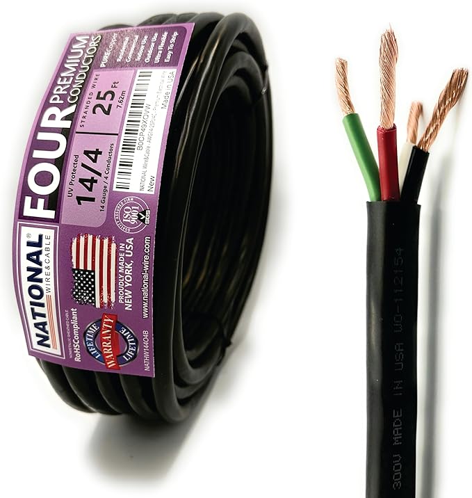 NATIONAL Wire & Cable – 14 AWG 4-Conductor Premium Copper Wire, 25 ft, Stranded | Made in USA, Heavy-Duty Flexible Jacket | Automotive, Low Voltage, LED, Lights, DIY, Indoor and Outdoor Use