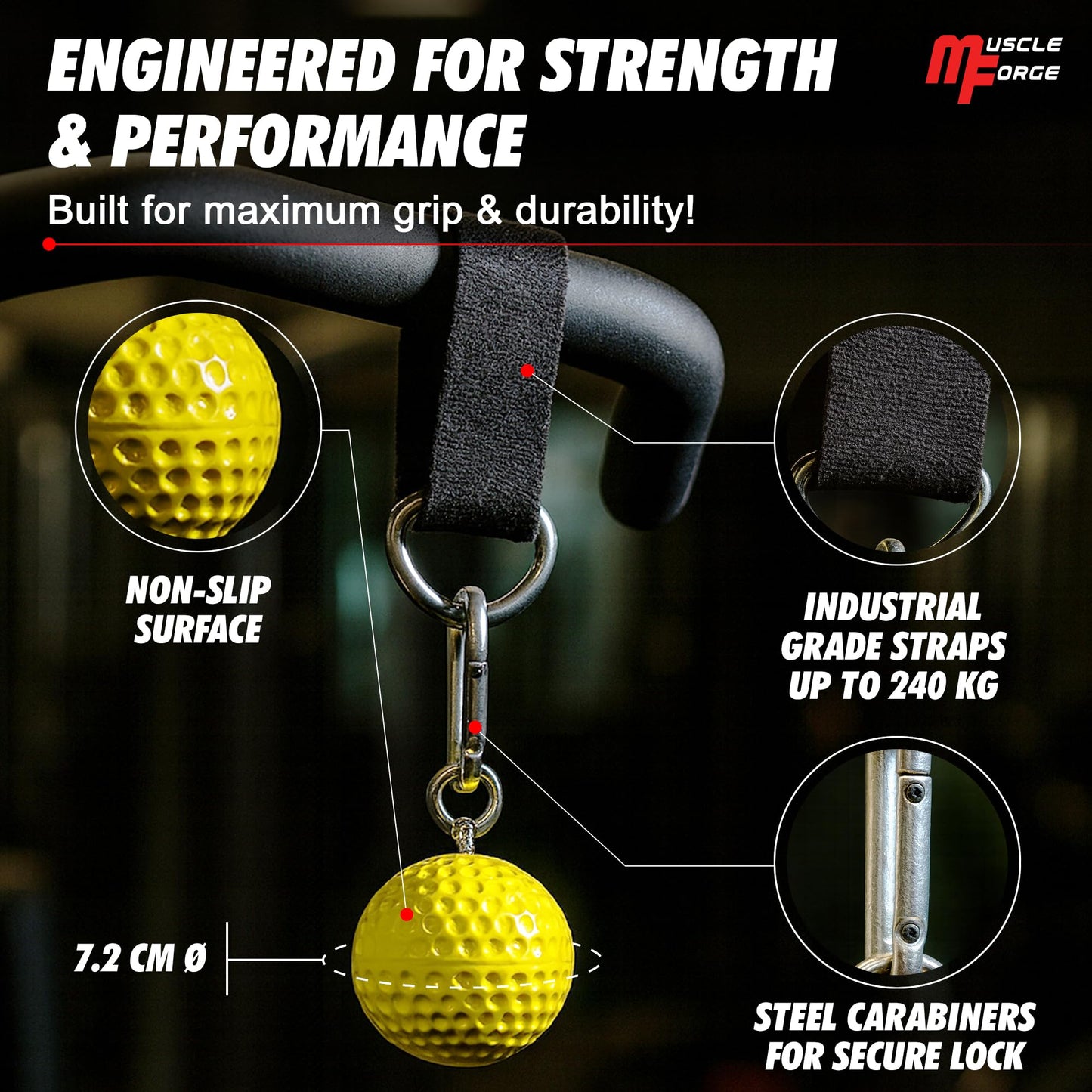 MuscleForge Pull Up Grips Ball – Enhance Grip Strength & Forearm Training – 2.8inch Non-Slip Surface Grip Balls – Includes Carabiners & Straps – Max Load 530lbs – Ideal for Climbing, Calisthenics