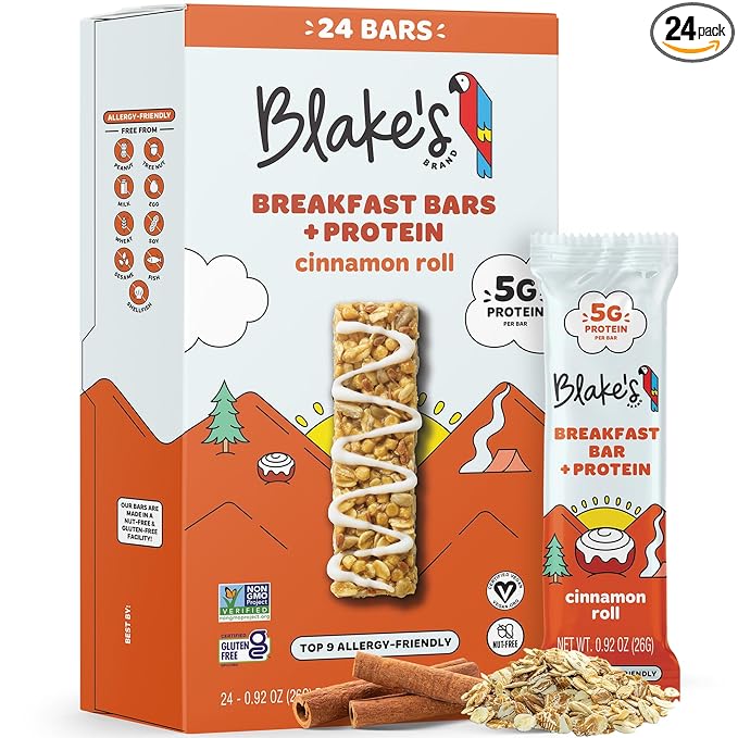 Blake's Seed Based Breakfast Bars with Protein — Cinnamon Roll (24 Count), 5g Clean Plant-Based Protein, Gluten Free, Nut Free, Dairy Free & Vegan, Healthy Snacks for Kids or Adults, School Safe