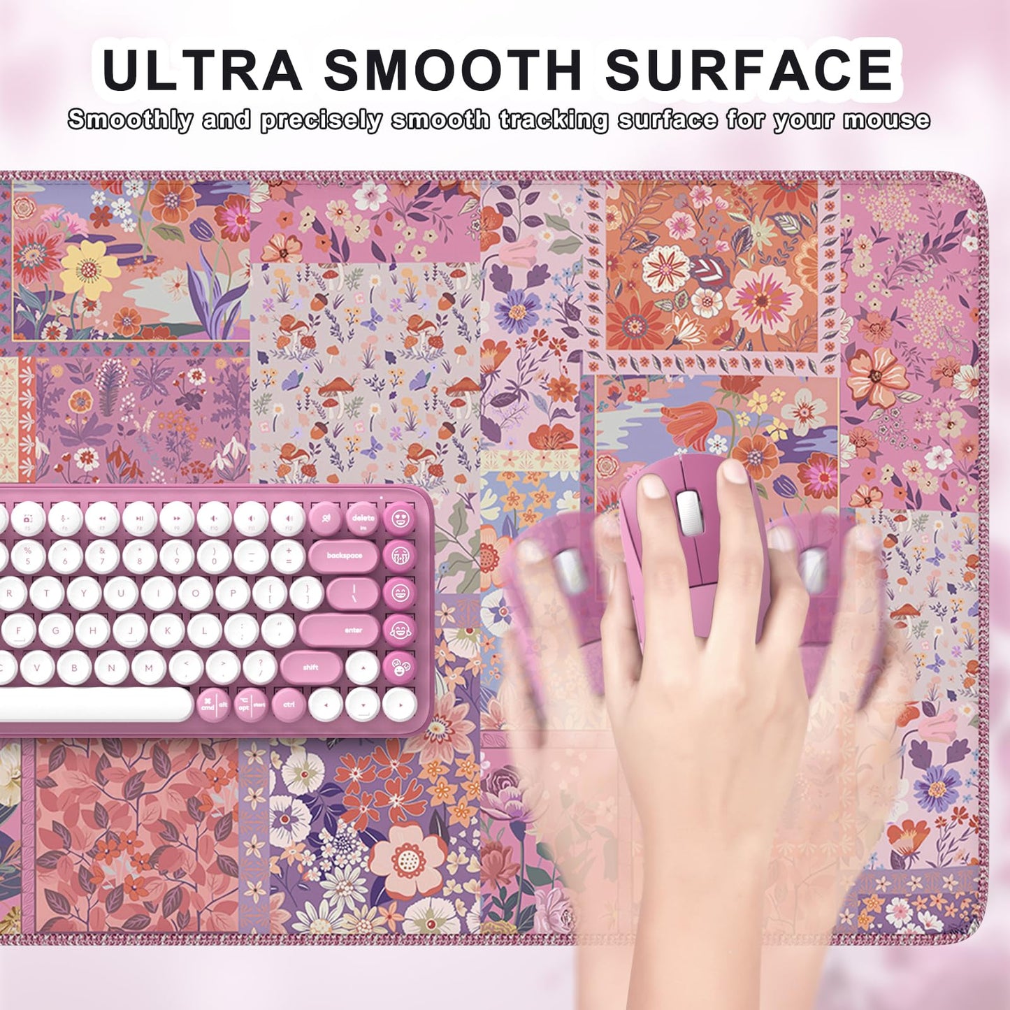 iCasso Floral Desk Pad Mat, Large Mouse Pad, Desk Matt for Desktop, Anti-Slip XXL Big Mousepad with Stitched Edges for Computer Keyboard (Rose Pink)