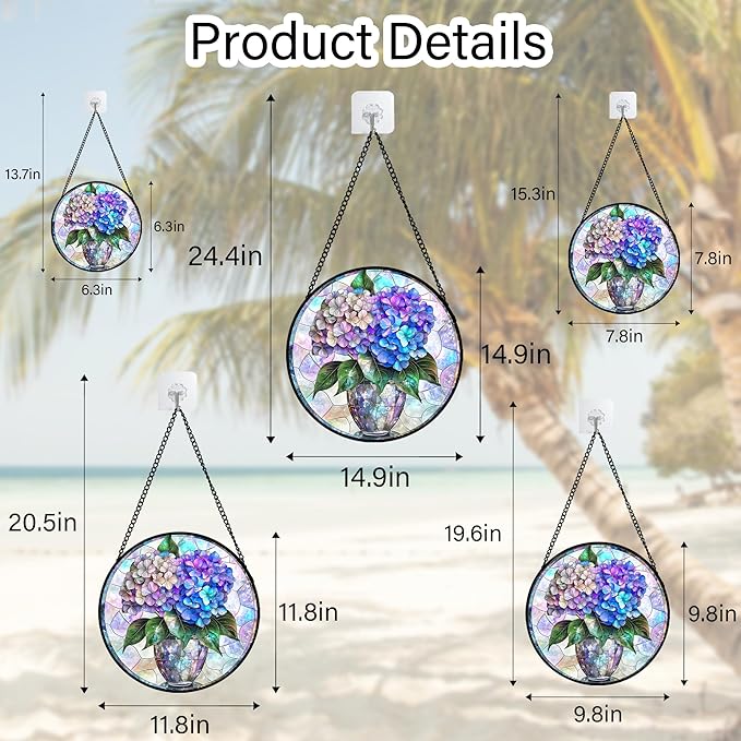 Stained Glass Window Hanging, Blue Purple Hydrangea Flowerpot Suncatcher for Doors Home Sun Catchers Decoration and Christmas, Mother's Day Birthday Gifts for Women, Men, and Mom 7.8 in