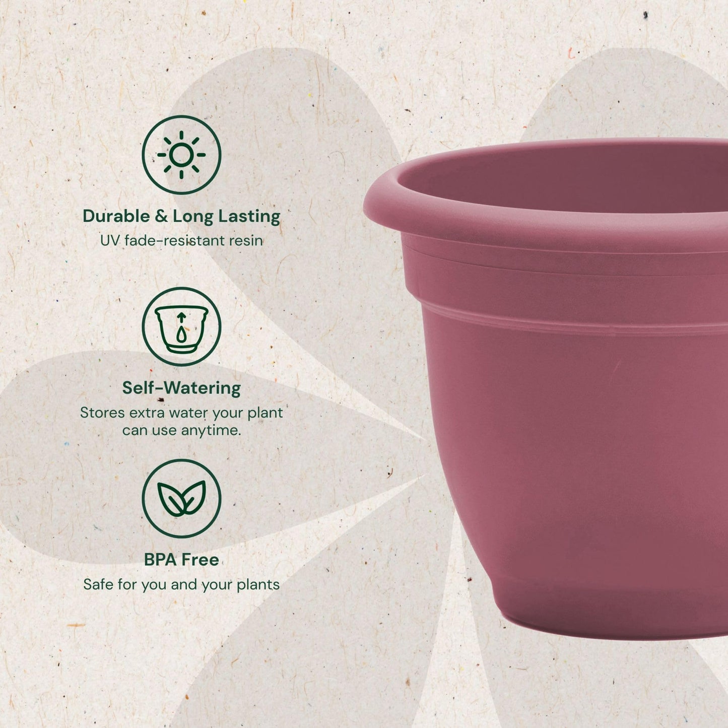 Bloem Ariana 12" Self-Watering Plastic Planter - Rolled Rim Indoor/Outdoor Garden Pot, Dusty Rose, 2-Pack