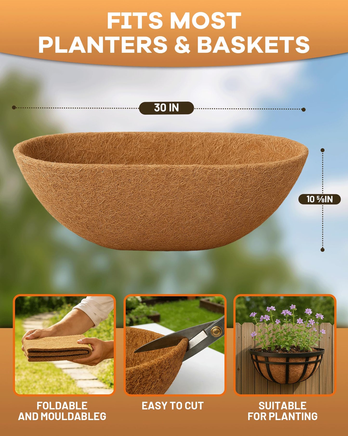 gardmate Coco Liners for Planters - Pre-Formed Coco Fiber for Plants Groove Design Hanging Basket Liners, Handmade Natural Coconut Fiber Pot Liners for Wire Baskets & Window Boxes (3)