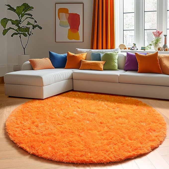 Amdrebio Orange Circle Round Rug 6Ft for Living Room Bedroom, Fluffy Furry Shag Area Rugs for Kids Room Decor Aesthetic, Cute Fuzzy Plush Shaggy Carpet for Baby Nursery Dorm Playroom, Teen Girls Boys