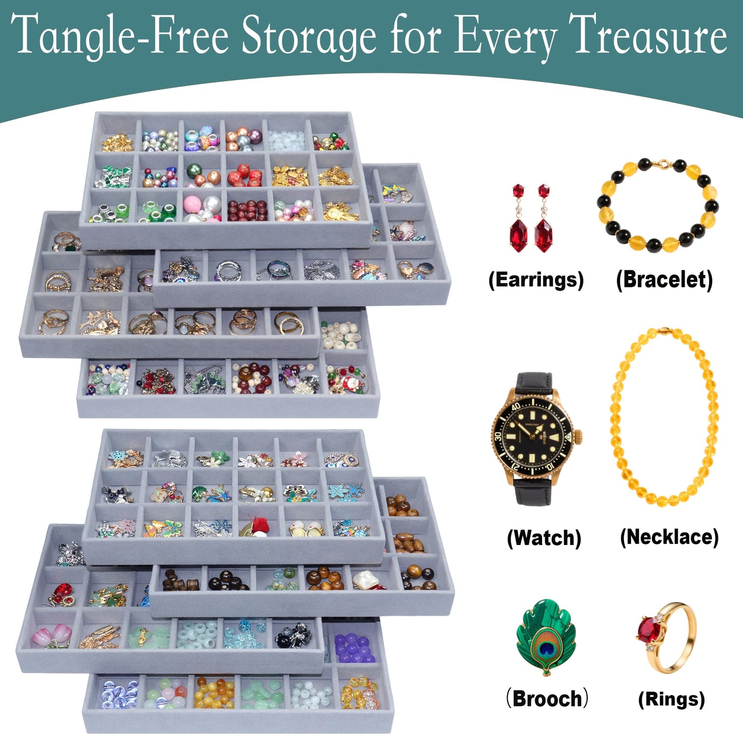 7Color Sky X-Large Jewelrys Tray for Drawer 8 Pack Earring Organizer Stackable Velvet Jewelry Organizer Dresser Rings Studs Earring Holder