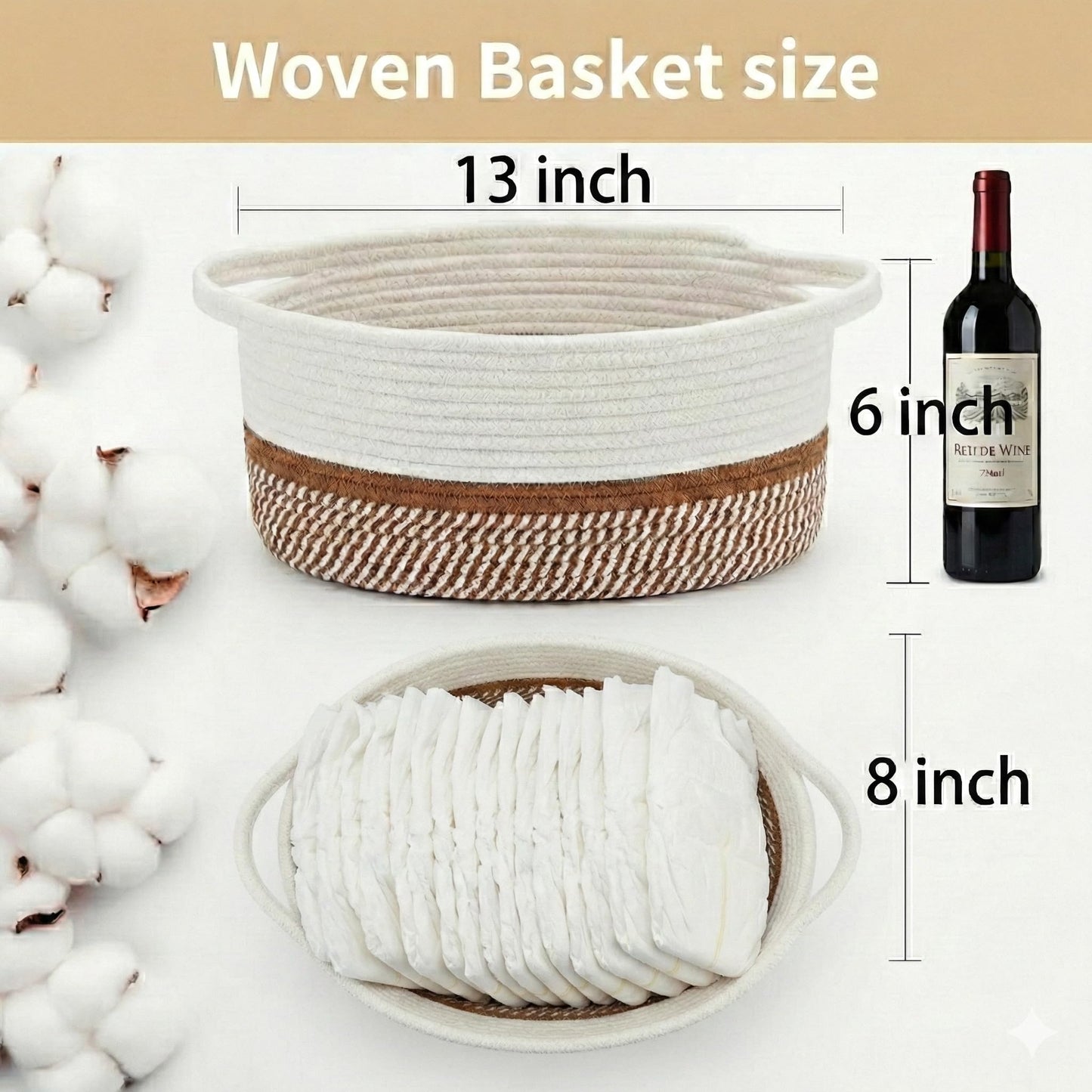 Pro Goleem Easter Woven Basket with Reinforced Handles - Baskets for Gifts Empty DIY Burr Basket Kit for Holiday, Baby Shower, Raffle - 13x8x6 Cotton Rope Storage Toy Bin (White & Brown)