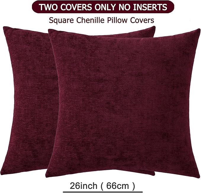 GAWAMAY Decorative Chenille Throw Pillow Covers 26x26 Inch Pack of 2, Soft Square Couch Pillow Cover for Sofa Cushion Living Room Bedroom Oversized Pillowcases Burgundy Red 66x66cm (ONLY Covers)