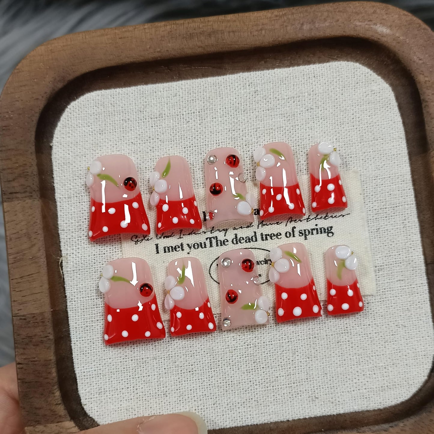 Duckbill Press on Nails - Red French with White Polka Dots & Glass Beads | Glossy Handmade False Nails | Kawaii Cherry Style for Spring(L)