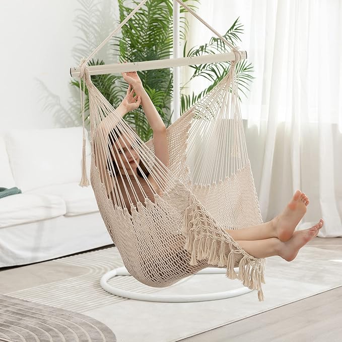 Hammock Chair，Max 330lbs, Large Hanging Chair, Soft Cotton Rope Swing Chair with High Load-Bearing Metal Rod,Indoor Outdoor Garden Yard Living Room Use Beige