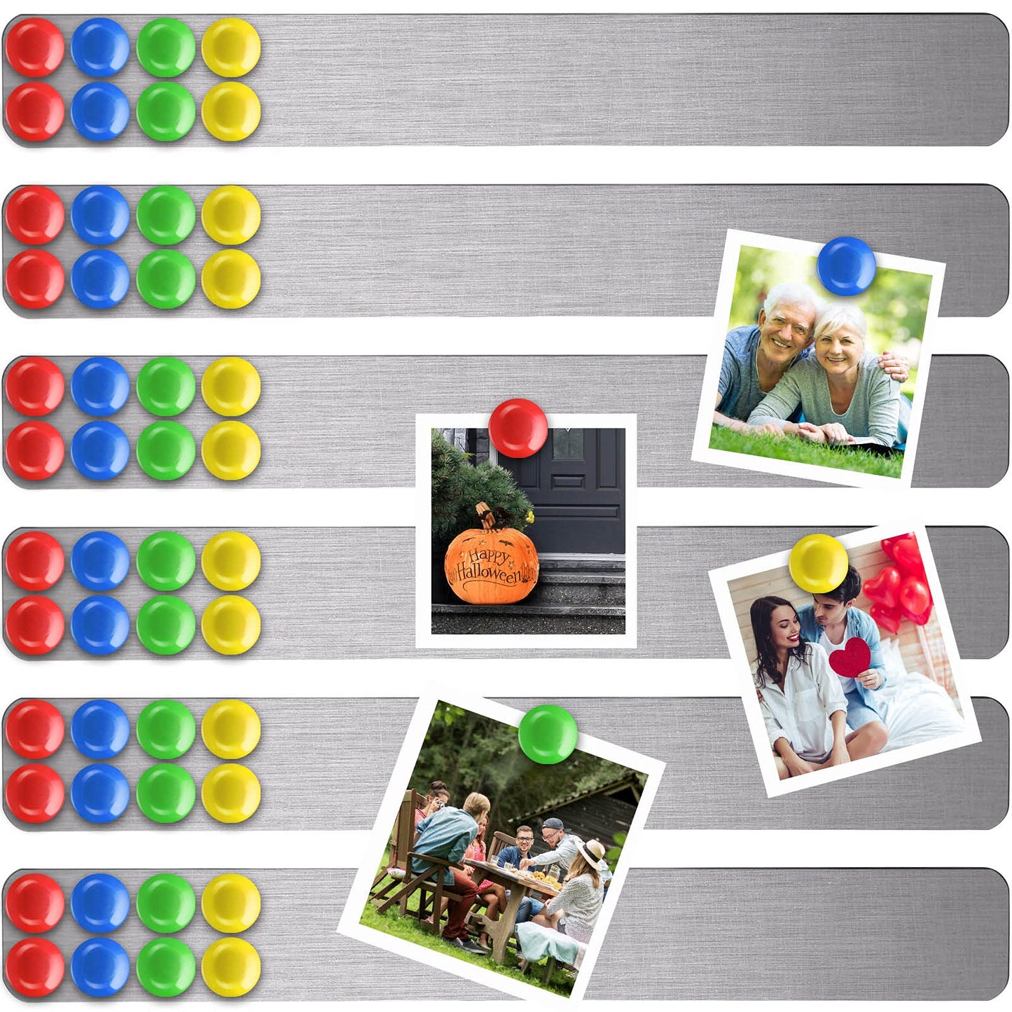 6 Pcs 15" x 2" Magnetic Display Board Souvenir Bulletin Board Strip Set with 48 Pcs Colorful Magnet for Office Home Wall Display Notes, Photos(Silver)