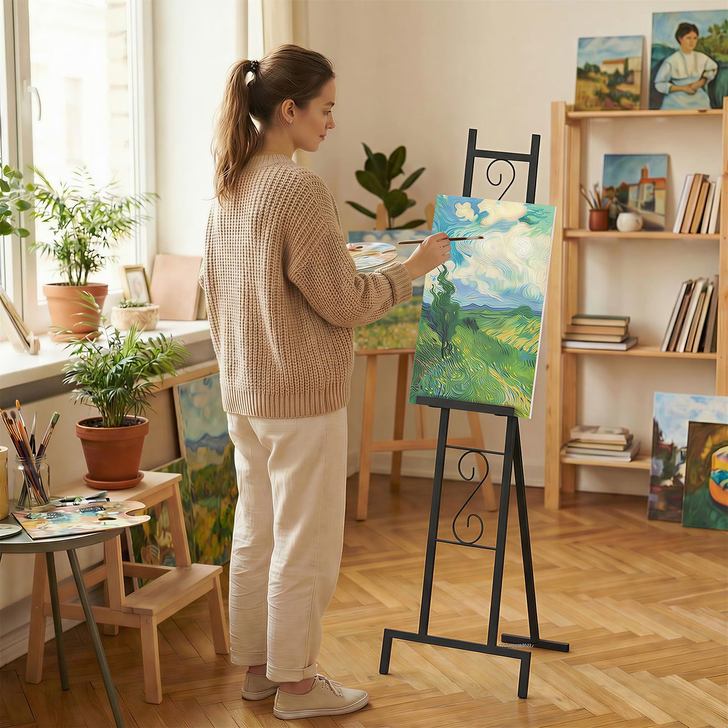 58" Easel Display Stand, 2 Pack Black Easel Stand for Wedding Poster Board Stands for Display Lightweight Floor Easels for Painting Welcome Sign Holder with Adjustable Chain