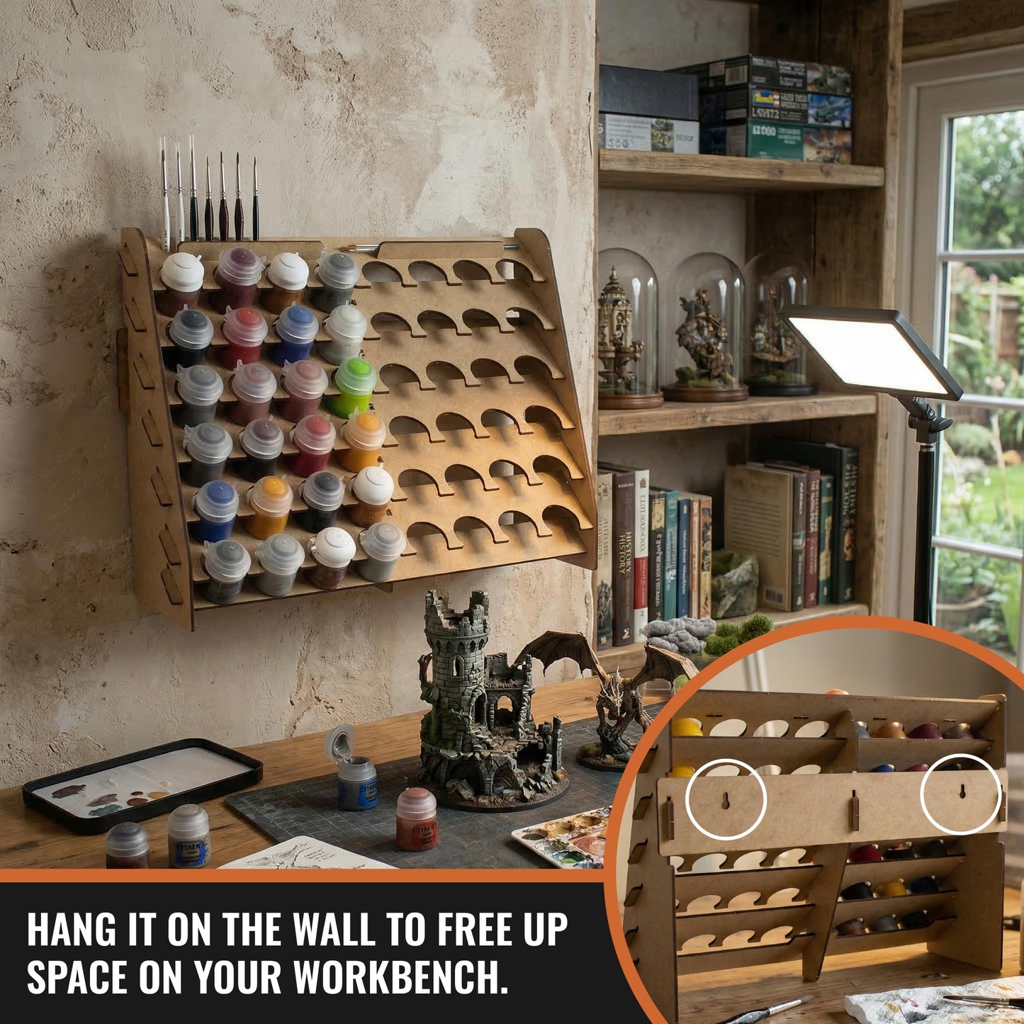 PROSCALE Wall Paint Rack Organizer for Miniatures & Modeling, Vertical Paint Stand with 33mm Pot Holes + Top Brush/Tool Holder, Compatible with Citadel (33mm)