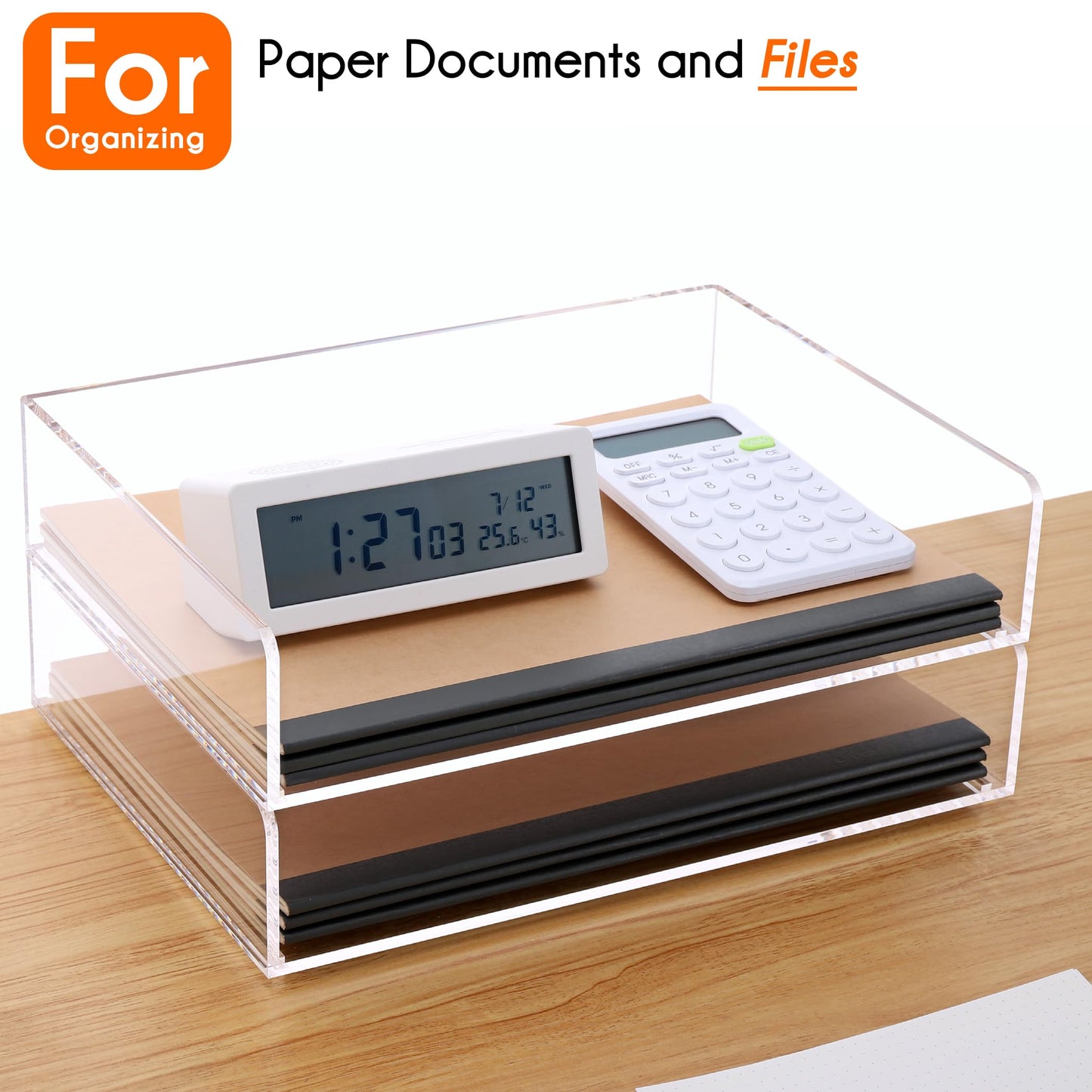 HeZone Paper Organizer, 2 Tier Stackable A4 Size Acrylic Letter Tray, Office/Home/School Organization - Clear