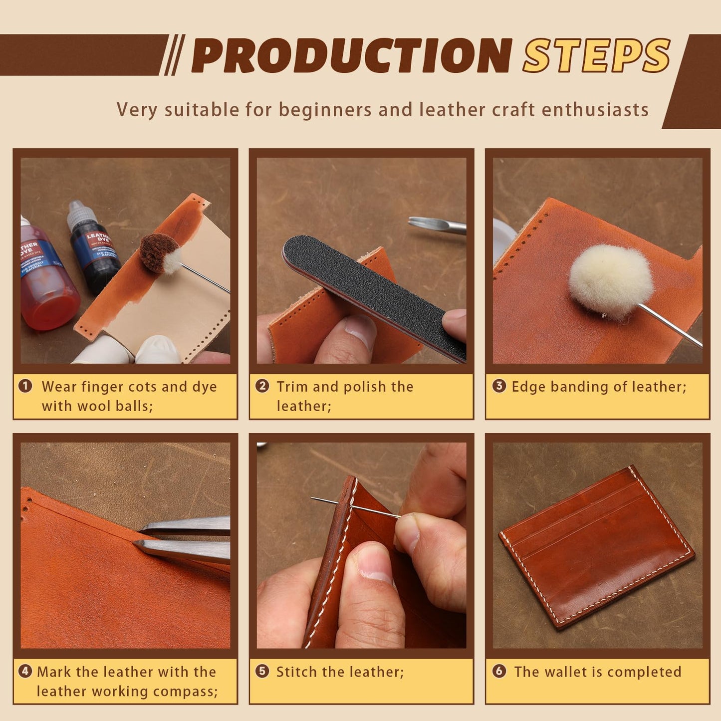CBHGFEA 51-Piece Leather Working Kit: CBHGFEA Craft Tools Set with Edge Beveler Vegetable Tanned Leather Compass Wax Thread Video Tutorials for Wallets Card Holders and Keychains Crafts for Adults