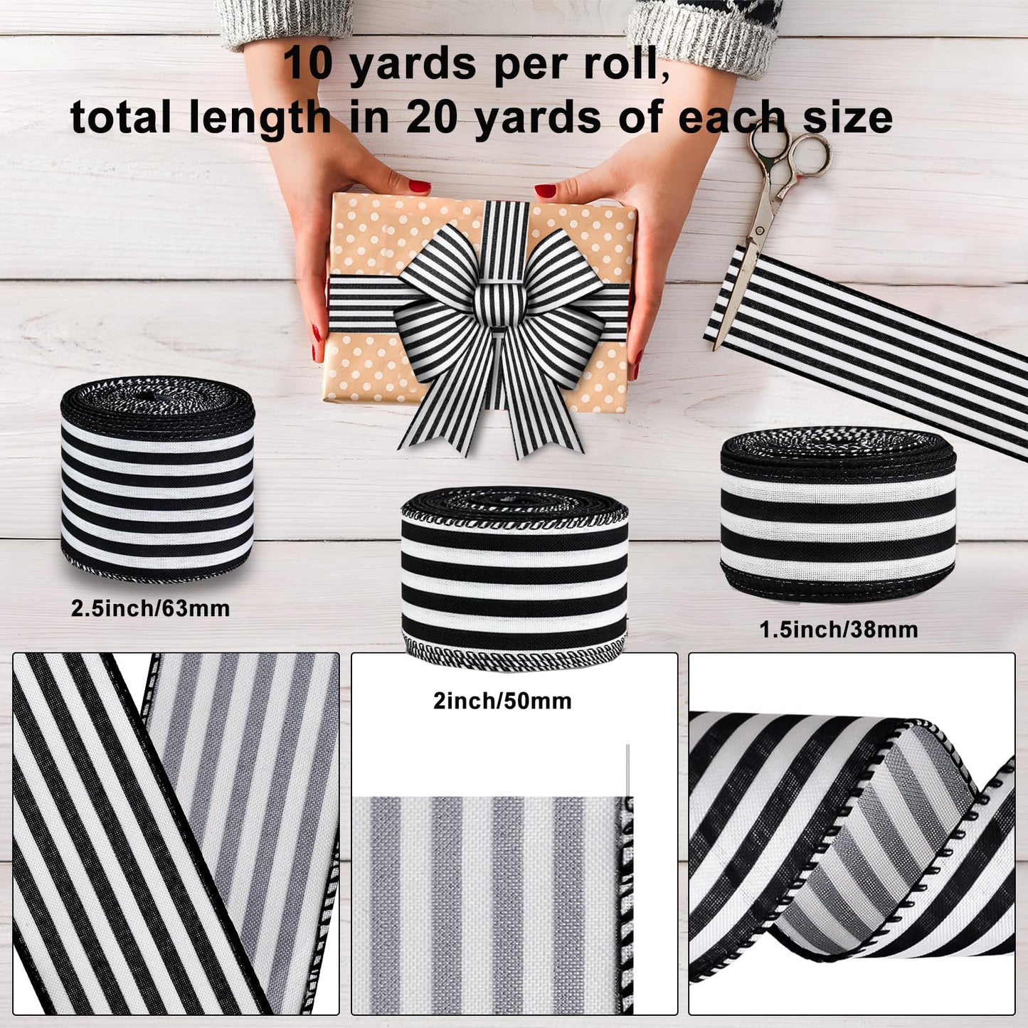 Mupera Black & White Striped Wired Burlap Ribbon 2.5 Inch 20 Yards Total, 2 Rolls x 10 Yards Each, Natural Jute for Wreaths, Big Bows, Christmas Tree, Gift Wrapping, No Fray Easy Shape