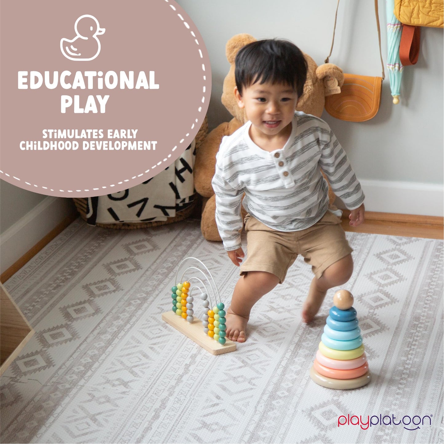 Play Platoon Non-Toxic Kids Play Mats for Floor, Extra-Thick Foam Tiles, Playmat for Toddlers & Childrens Playroom, Wooden Rainbow Stacking Toy Ring Stacker Toy, Educational Interactive Learning Toys