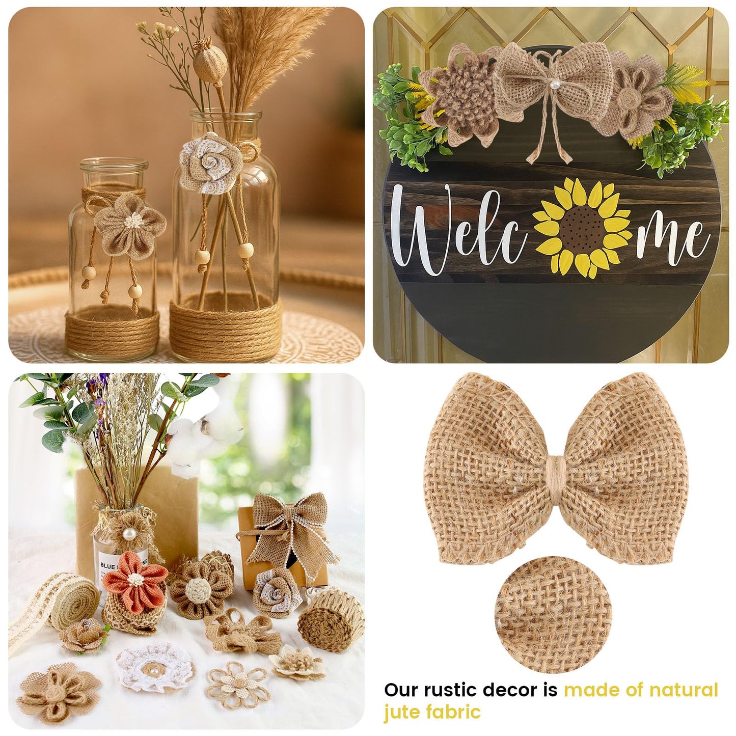 VGOODALL 32 PCS Natural Burlap Flowers Set, Burlap Bows and Scrapbook Embellishments for Wedding Party Decor Home, Embellishments for Crafts