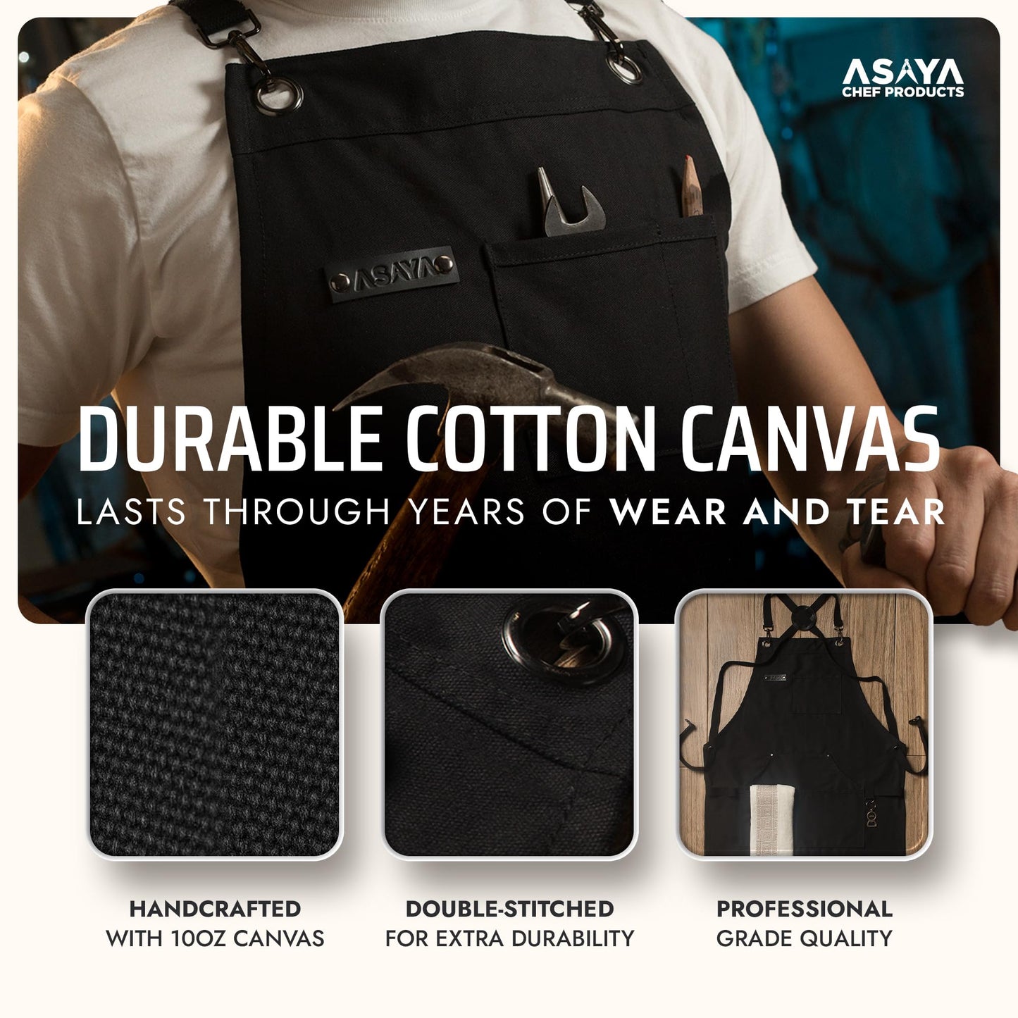 Asaya Chef & BBQ Apron with Pockets - Cross Back Canvas Cooking Apron for Women and Men, Adjustable Work & Grilling Aprons with Pocket, Bottle Opener and Hand Towel, 10oz Cotton Canvas (Black)