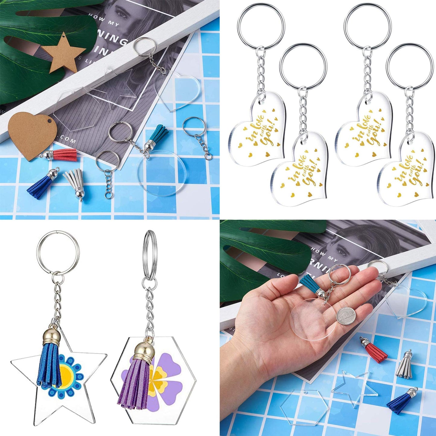Allazone 8 Style Acrylic Transparent Circle Discs Set, Acrylic Clear Keychain Blanks, Keychain, Mini Tassels, Ball Chain and Sticker for DIY Projects and Crafts