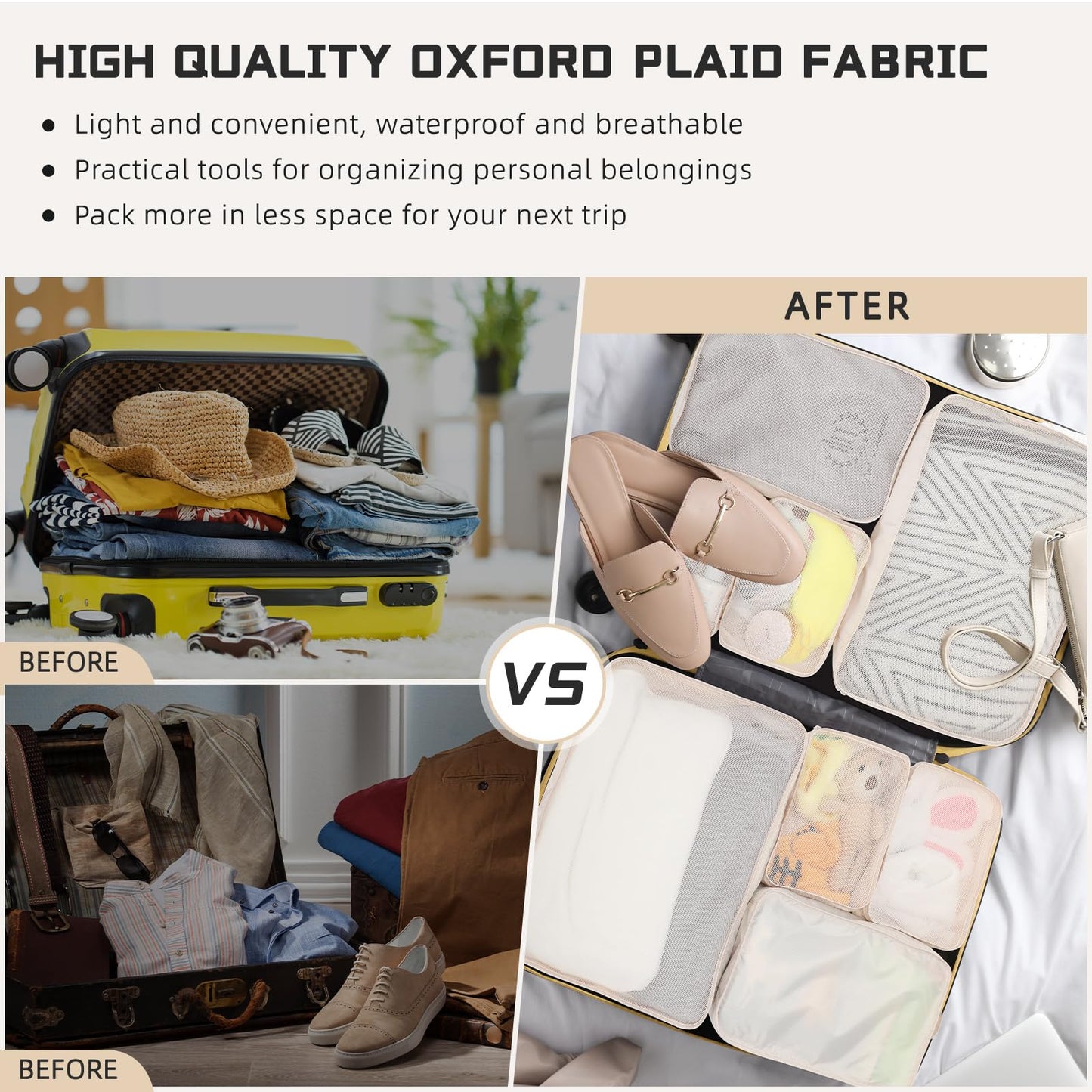 Reginary 1 Pack 6 Set Travel Packing Cubes Luggage Organizer Set Lightweight Suitcase with Shoe Bag for Clothes Toiletries (Beige)