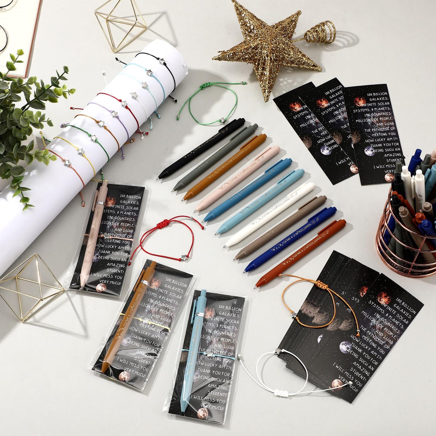 Sayglossy 20 Sets Inspirational Pens, Star Bracelets and Space Planet Bookmarks Gifts for Galaxy Students Gift Party Favors Classroom Supplies