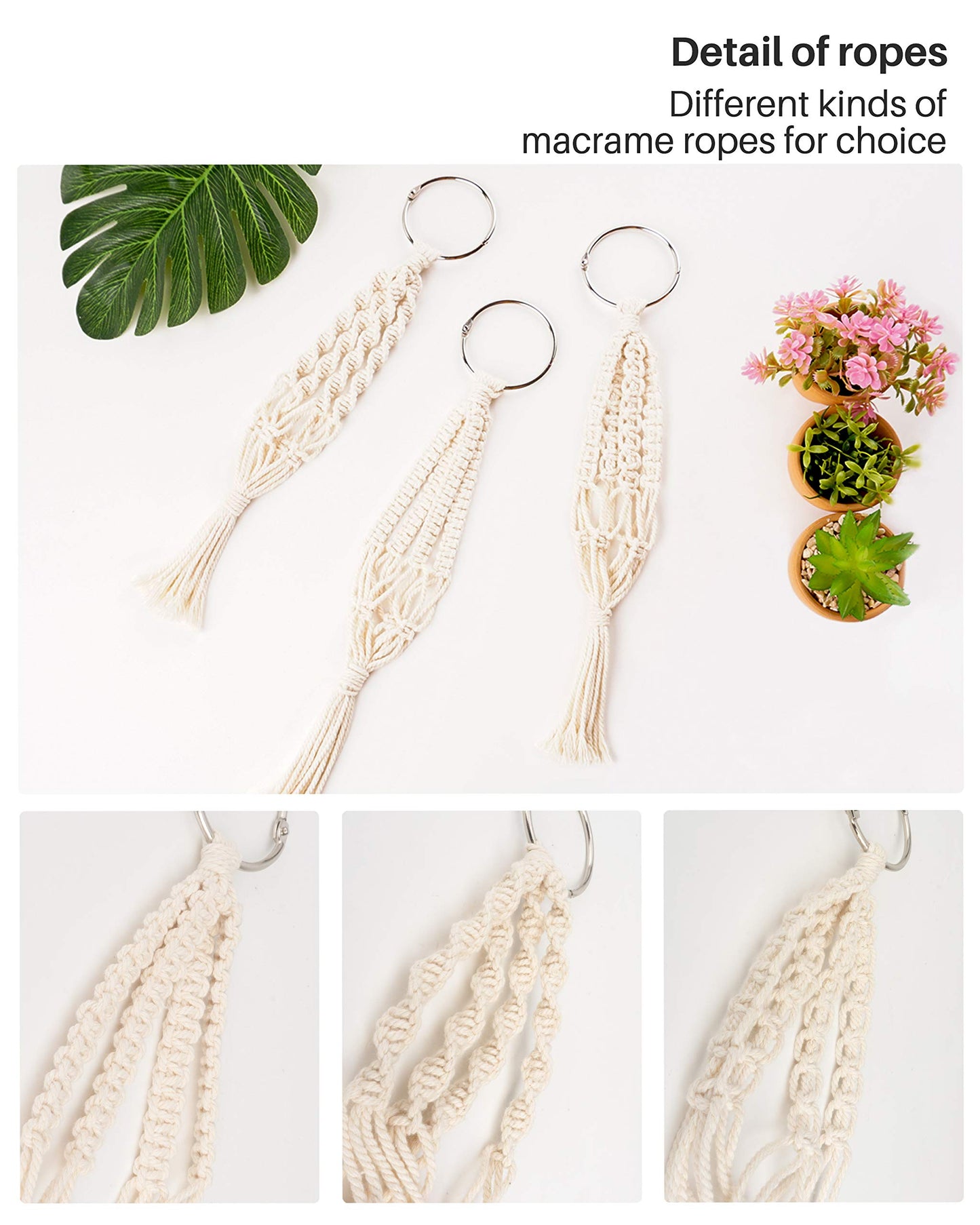 Macrame Plant Hangers, 3 Pcs Plant Hangers with Artificial Succulent Plants, Interior Car Accessories for Women, Rear View Mirror Accessories by MoHern