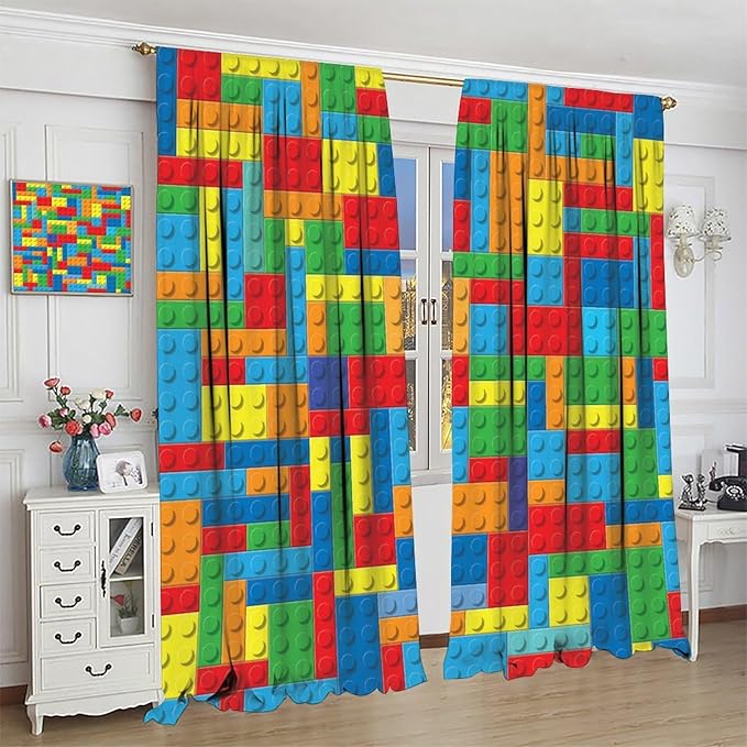 Colorful Building Block Toy Printed Curtains, Building Blocks, Curtains, Fun Brick 3D Design, Kids, Teens, Girls, Boys, Living Room, Bedroom, Window Treatment Panels, 2 Panels 63x72in