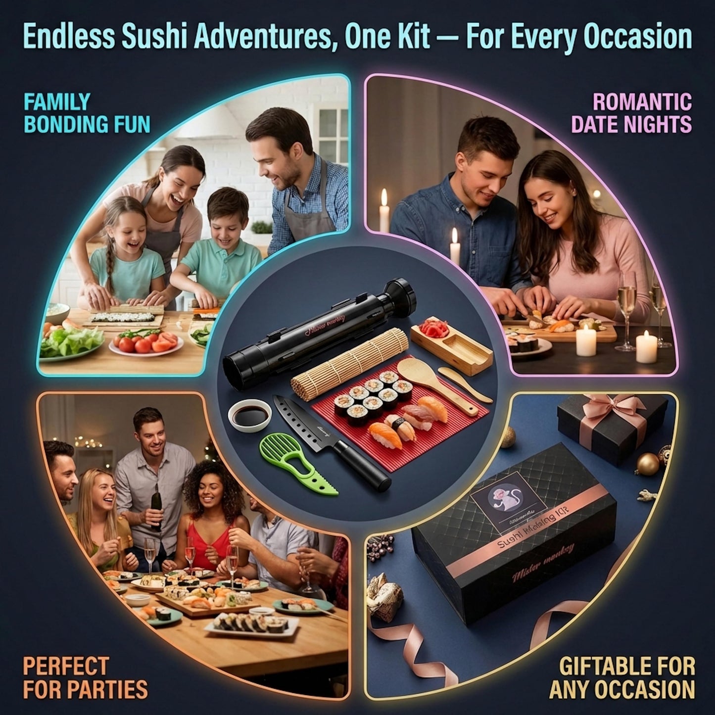Albino monkey Sushi Making Kit – Bamboo Sushi Mat & Roller, Sushi Bazooka, Avocado Slicer & Onigiri Mold – Complete Sushi Maker Kit for Beginners with Gift Box Step-by-Step Video Guide