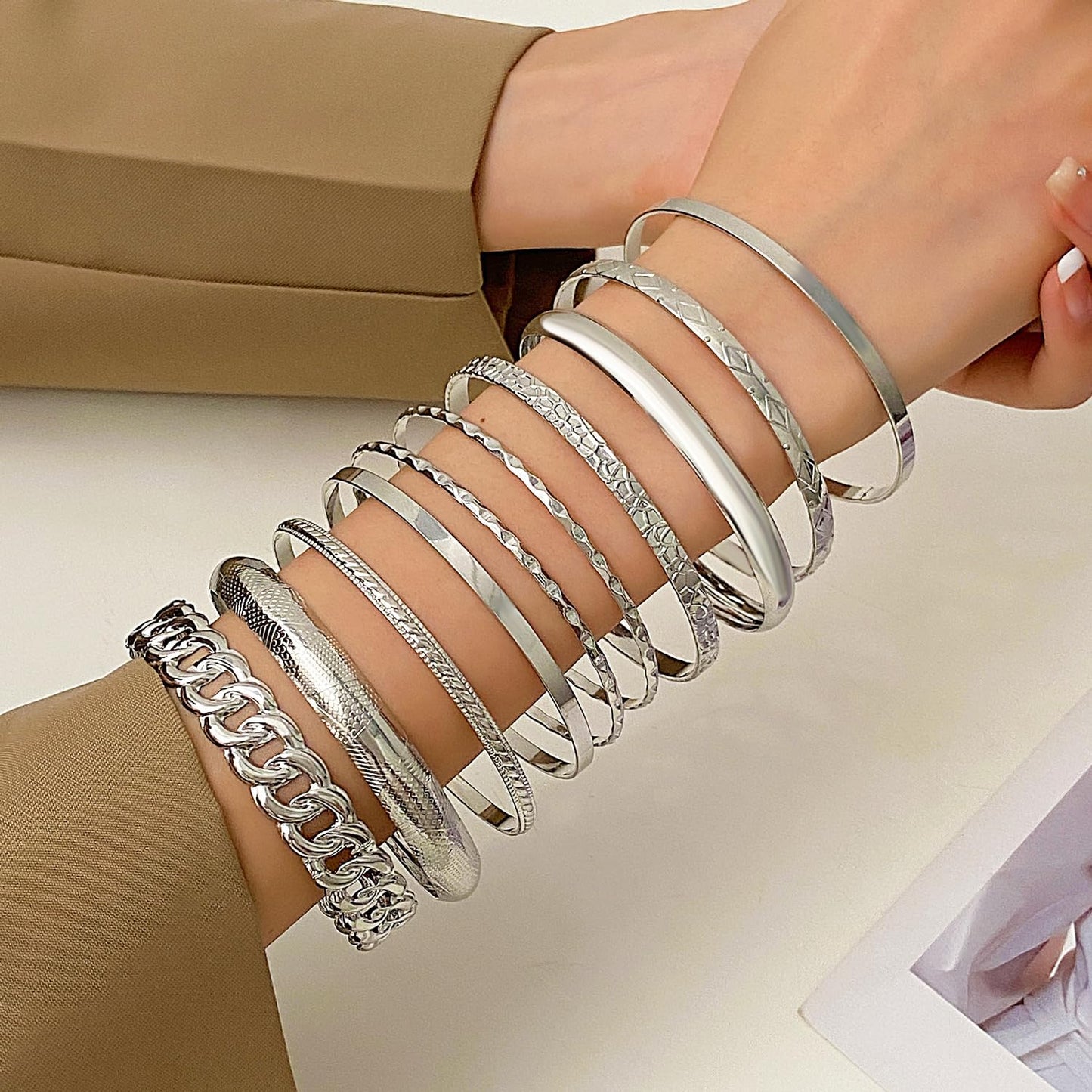 RINTOLER 10Pcs Chunky Silver Bangle Bracelets Set for Women - Multi Layer Stackable Textured Bracelets Indian Bangles Boho Jewelry Set (B-10PC-Silver)