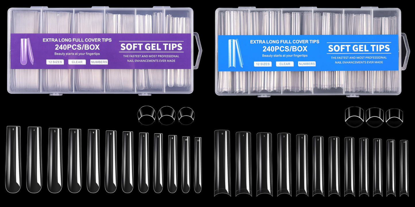 Cycullinyt Long Square Nail Tips, 240Pcs Full Cover + Half Cover Soft Gel Nail Tips Pre-shaped Clear Acrylic False Nail Tips Press On Nails for Extensions Manicure Home Salon DIY 12 Sizes