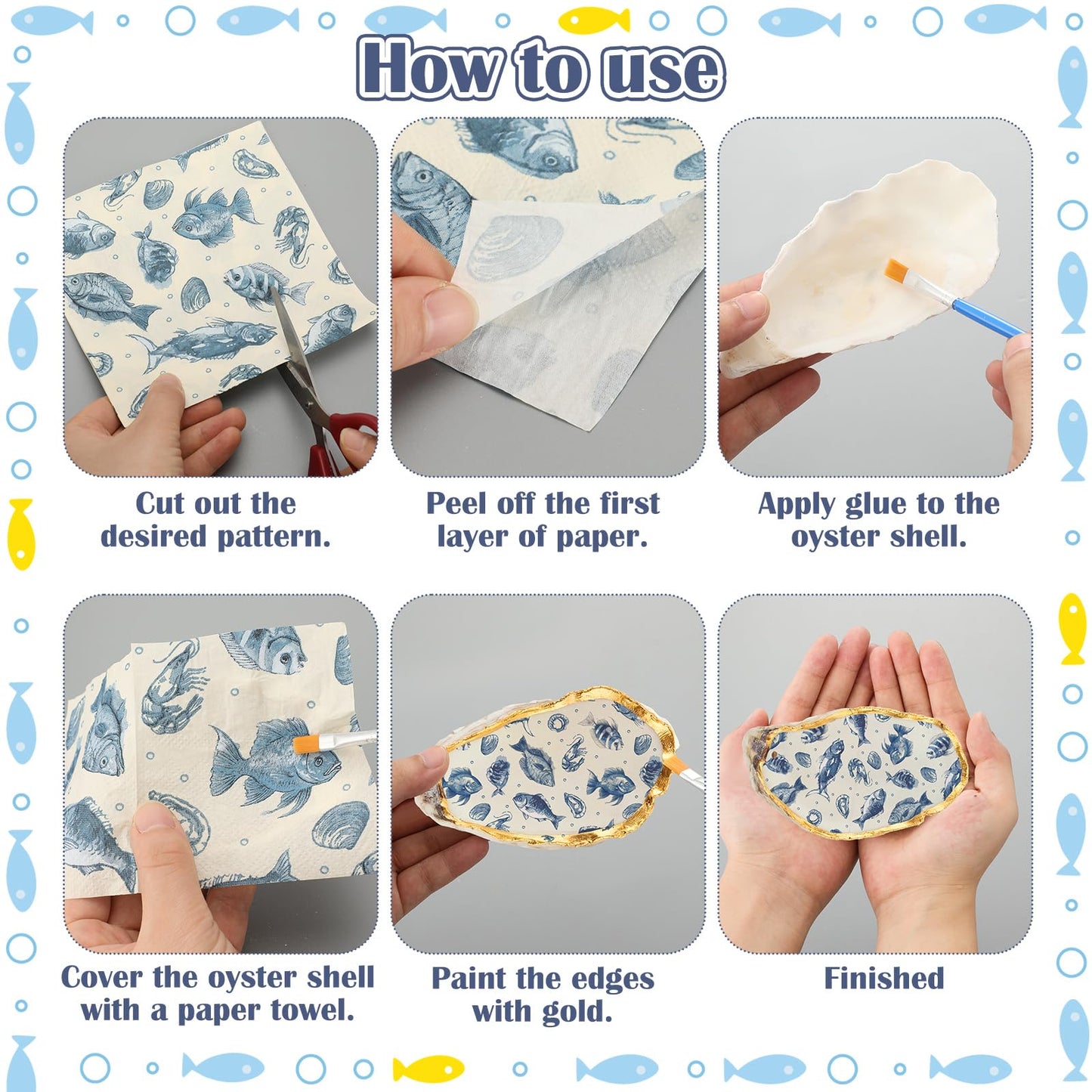 ForraFun 16 Set Beach Oyster Shells for Crafts 4-5 Inch Large Seashells with Holes for Crafting Summer Flat Oyster Shell Kits with Decoupage Napkins Glue Paints Twine Brushs