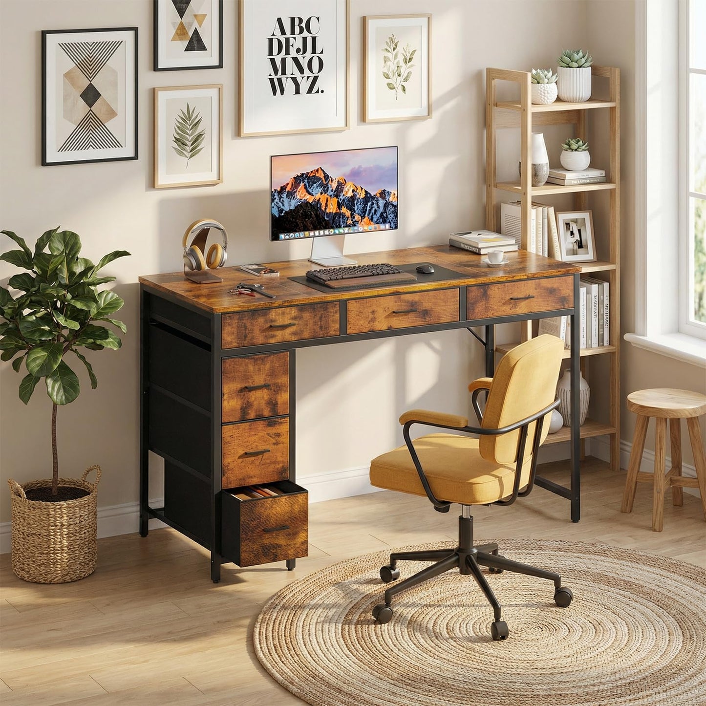 HLDIRECT 47" Computer Desk with 6 Drawers, Home Office Desk with Large Storage for Home Office,Gaming,Writing Study,Work (Brown)