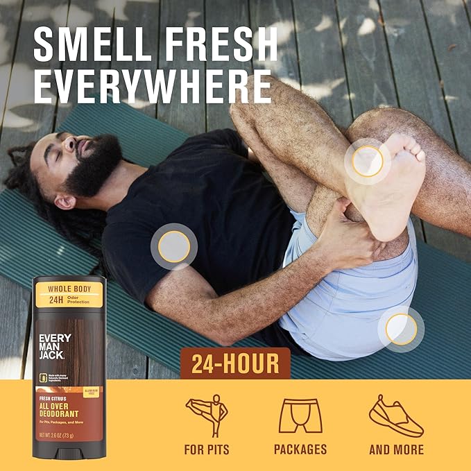 Every Man Jack All Over Deodorant Variety Pack - 24 Hour Whole Body Odor Protection - Aluminum Free - 1 Each of Fresh Citrus, Coastal Surf, and Coconut Vanilla Scents - 2.6 oz (3 Pack)