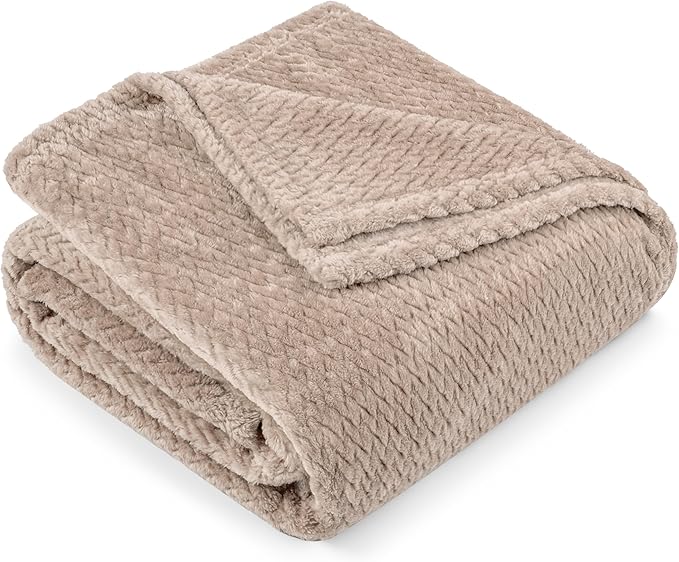PAVILIA Soft Fleece Taupe Tan Throw Blanket for Couch, Lightweight Plush Warm Blankets for Bed, Fuzzy Cozy Flannel Blanket Throw for Sofa, Travel, Jacquard Pattern, Taupe/Camel, 50x60 inch