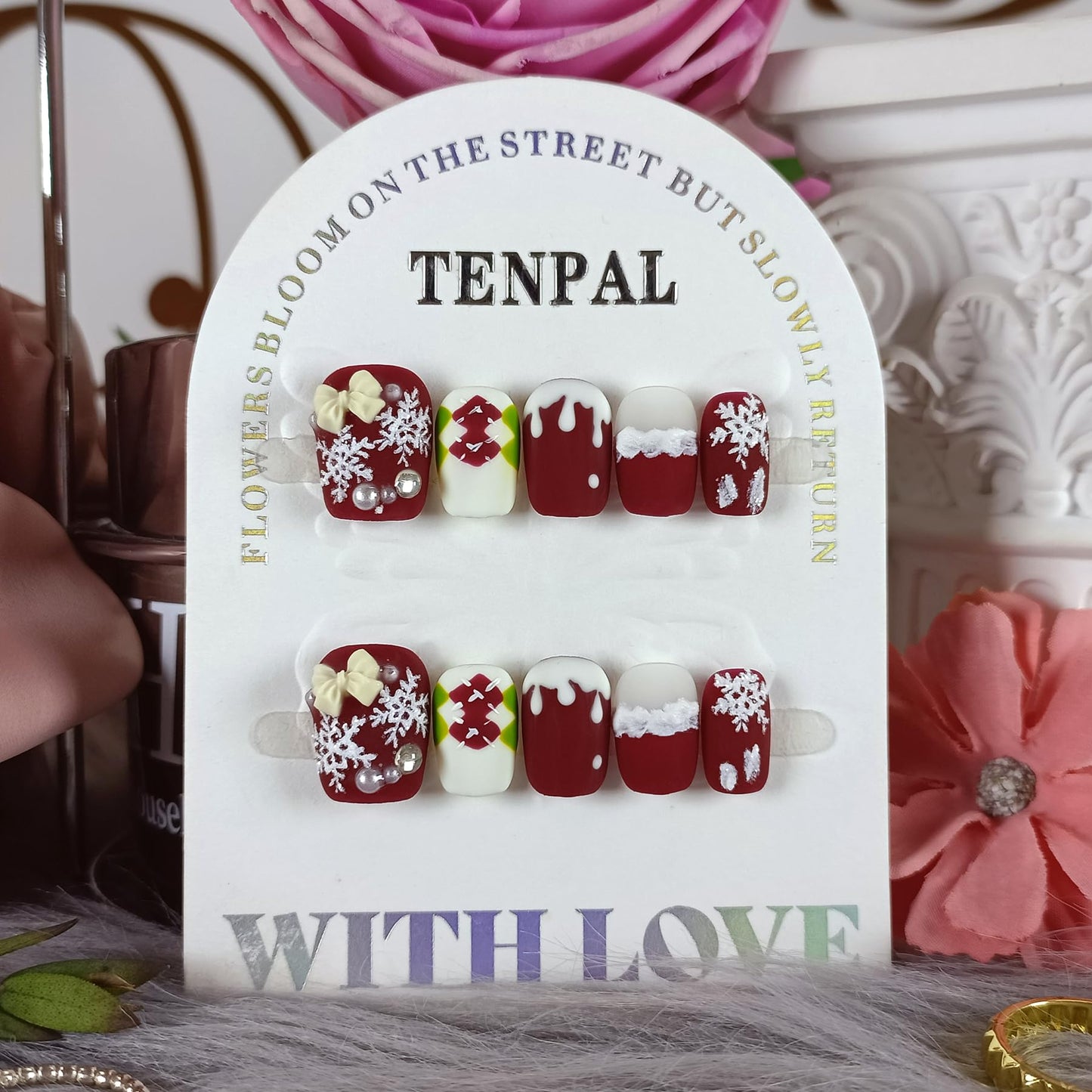 TENPAL Squoval Press on Nails -Acrylic Red Velvet Matte with Pearl Plaid & Snowfall Design | Handmade Winter Elegant Fake Nails with Tools | Christmas Party Gift Set(L)
