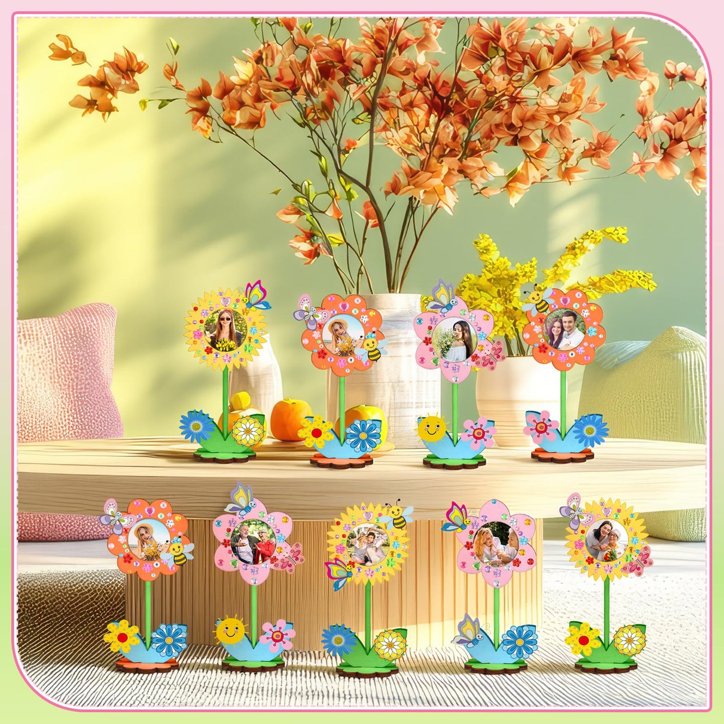24 Sets Mother's Day Crafts Bulk Spring DIY Flower Picture Frame Kit Unfinished Solid Wood Flower Picture Frames Craft with Gems Sticker Paint Brush for DIY Birthday Party Gift(Assorted Styles)
