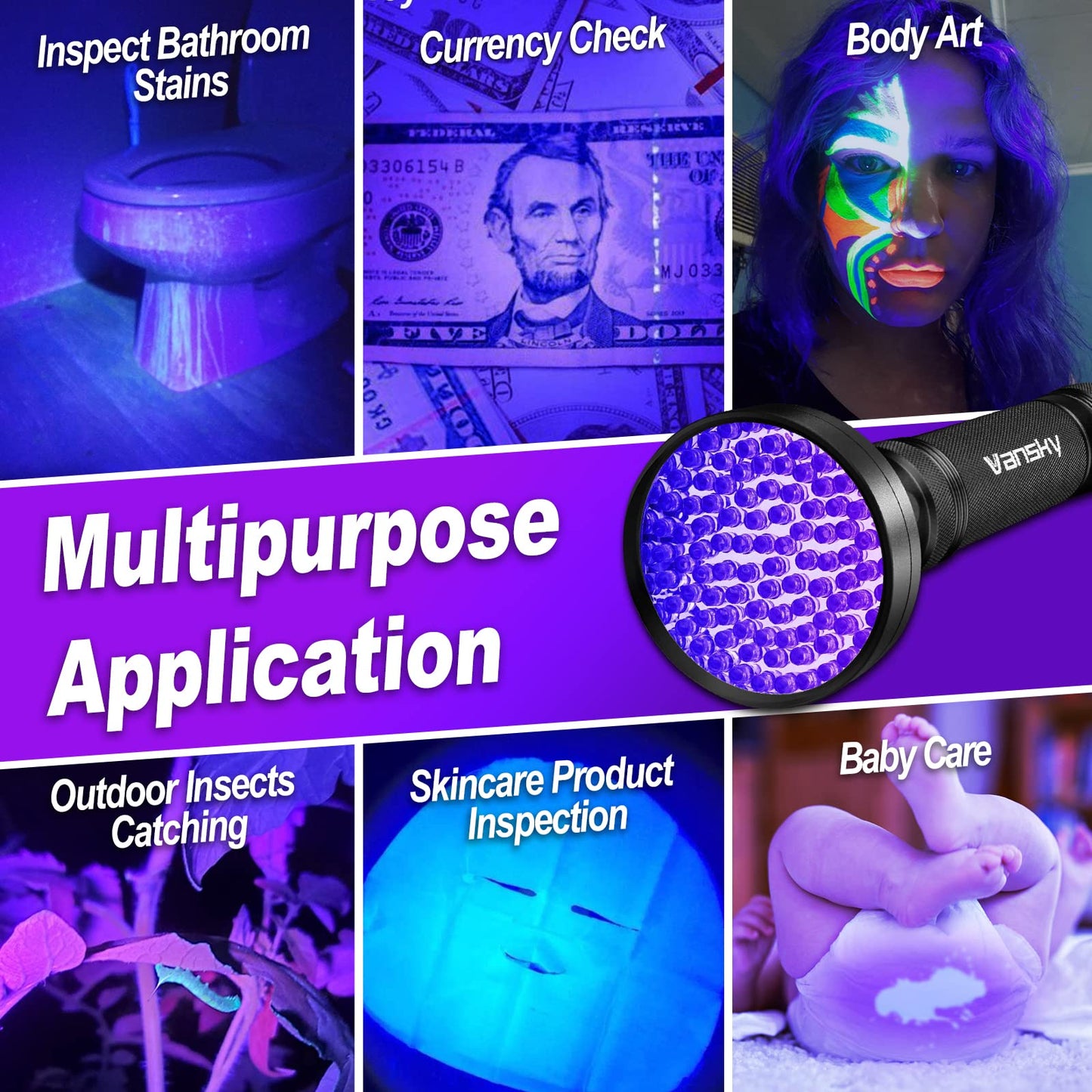 Vansky Black Light UV Flashlights, Ultra Bright 100 LED 395nm Ultraviolet Blacklight Detector for Dog Cat Pet Urine, Dry Stains and Bed Bug, Matching with Pet Odor Eliminator