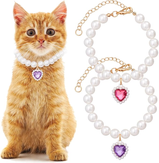 Mxxipp 2pcs Pearl Collar for Cat Puppy, Small Cute Heart Shape Rhinestone Pet Necklace, Adjustable Wedding Party Pet Jewelry Accessories for Puppy Kitten- Green & Pink