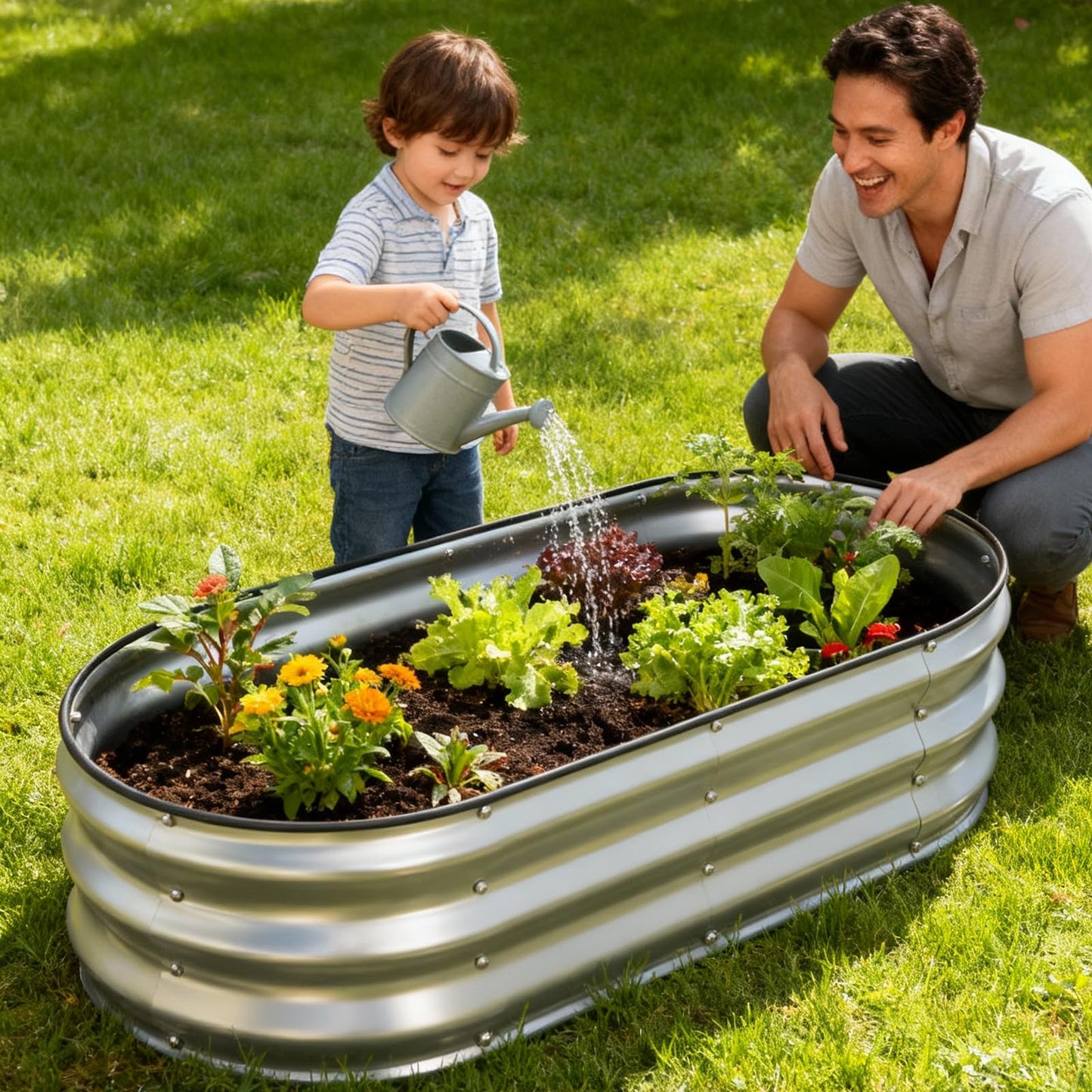 Patiobay 2 Pack 4x2x1FT Galvanized Raised Garden Beds,Raised Garden Bed with Safety Edging and Gloves,Oval Metal Planter Box for Gardening Vegetables Flowers Herb-Silver