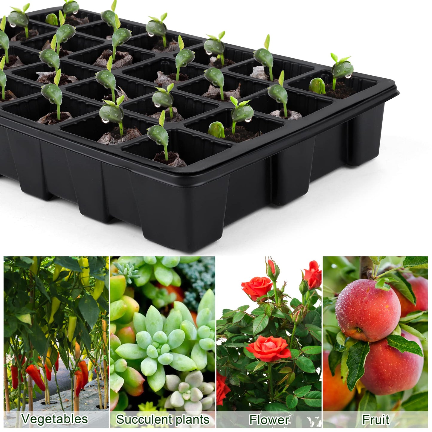 Hahood 4 Pack 24-Cells Seed Starter Tray Kit Germination Tray with Humidity Dome and Base, Plant Growing Kit Germination Starter Including Peat Pellets, Plant Labels, Tool for Indoor Outdoor, Black
