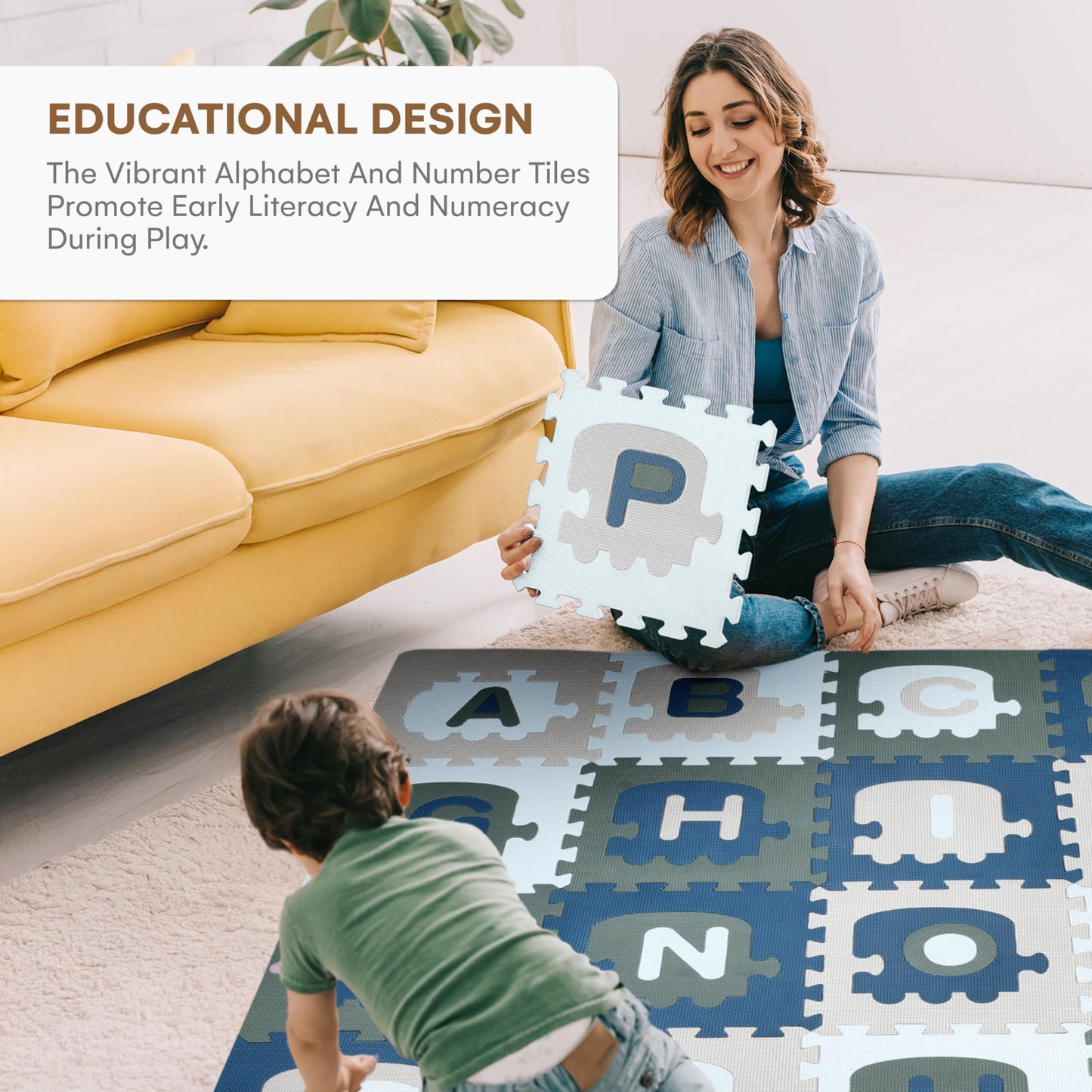 CHILDLIKE BEHAVIOR Baby Play Mat - 72x72-Inch Soft Foam Interlocking Tiles with ABC and Numbers - Educational Activity Mat for Crawling Infants and Toddlers - Waterproof Playmat, Blue, Gray, Turquoise