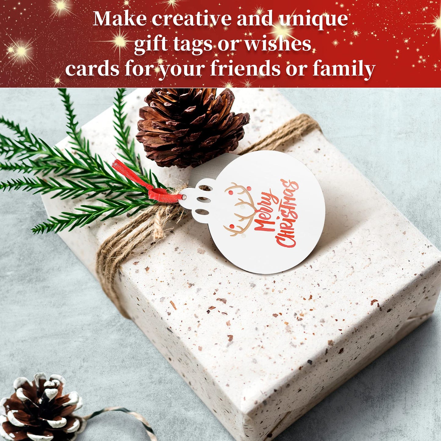Jetec Christmas Sublimation Blank Pendants Double Side MDF Personalized Heat Transfer Blank Hanging Pendant White Sublimation Ornament with Red Ribbon for DIY(36 Pcs,3.5 x 2.9 x 0.1 Inch)