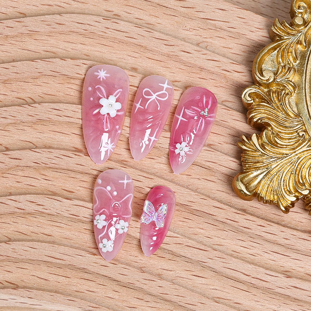 BMKKOT 24Pcs Pink Almond Nails-12: 3D Flower Acrylic Nails, Butterfly Bow, Water Ripple Design, Glossy Finish, Full Cover Nail, ABS Material, Almond Shape, Press-On False Nails
