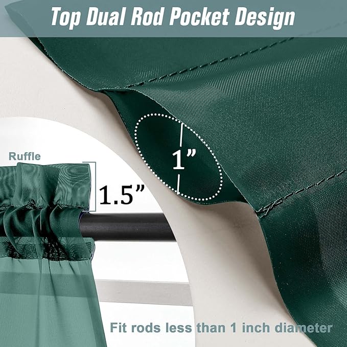 Green Window Sheer Curtains 45 Inches Length, Voile Short Curtains for Christmas, Modern Soft Window Drapes 2 Panels Set, Top Dual Rod Pocket, Hunter Green, 2x42Wx45L Inches