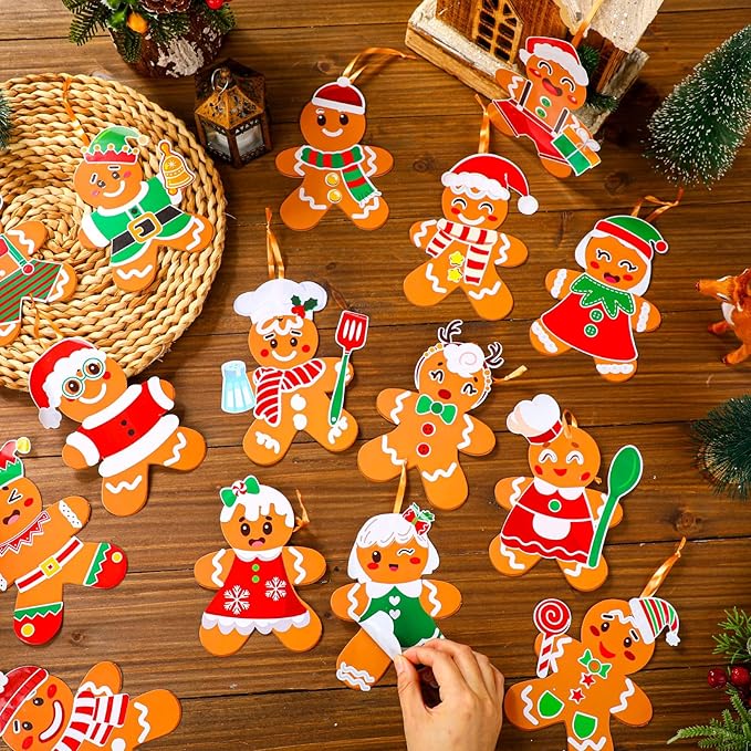 Frienda 48 Set Christmas Gingerbread Craft Kit Make a Gingerbread Man Ornament Stickers Bulk DIY Arts and Crafts for Xmas Tree Decoration Fun Christmas Party Favors Home Game Activities